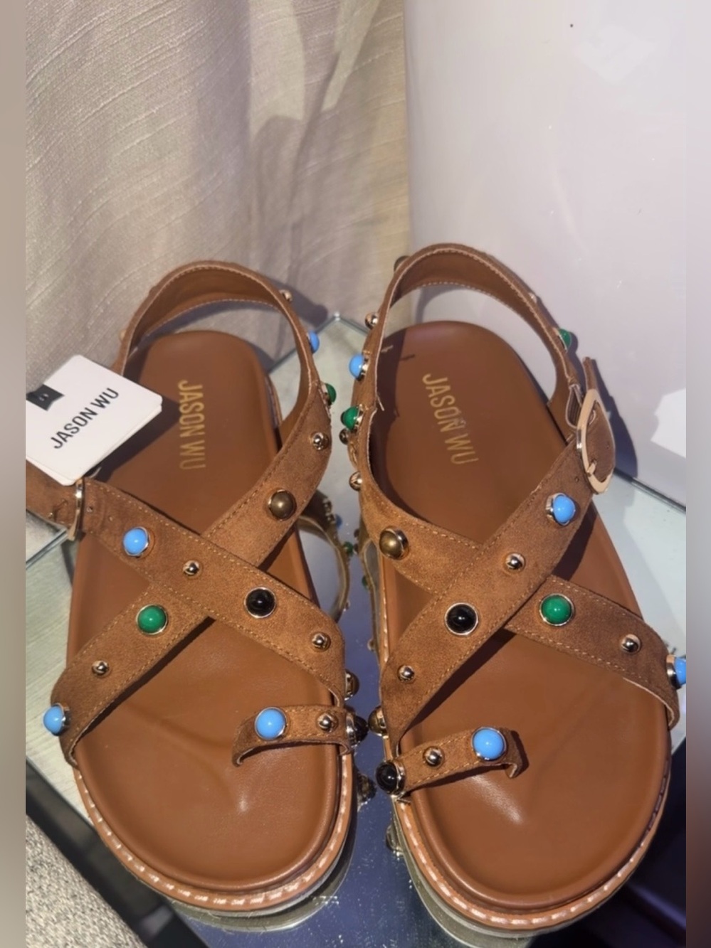 JASON WU Tan Suede Crossover Sandals with Multicolor Studs
